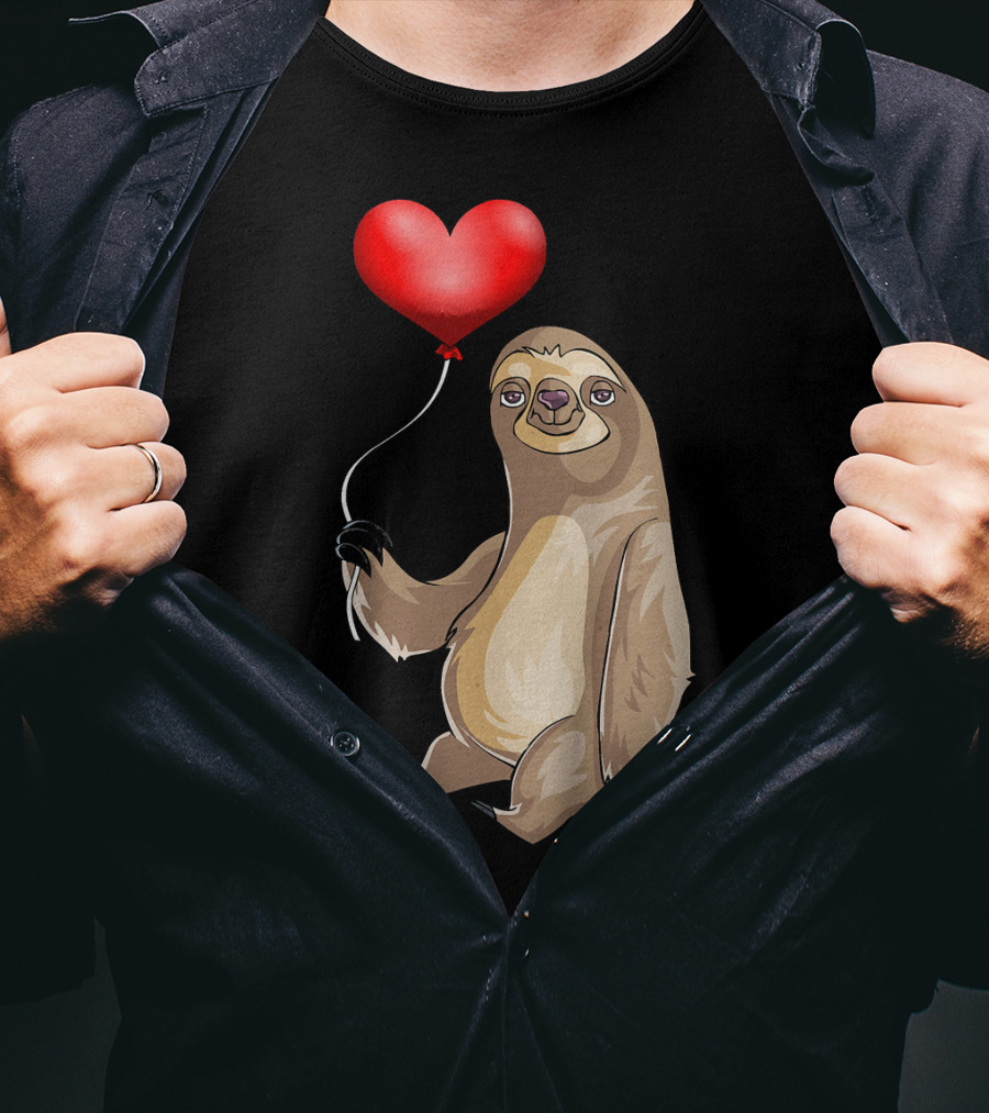 Kids Valentines Day Sloth Holding Heart Balloon T-Shirt