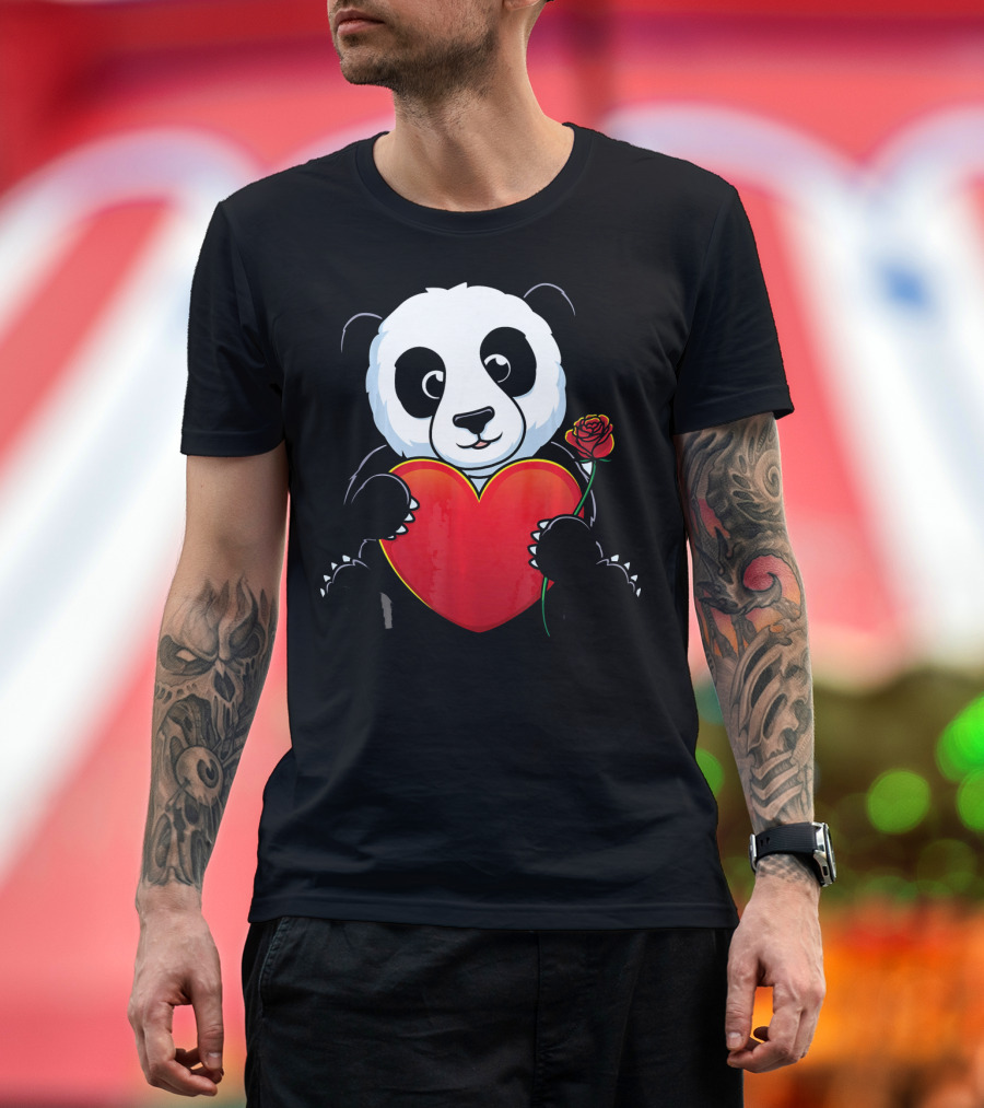 Panda Bear Holding Heart and Rose Valentines Day Love T-Shirt