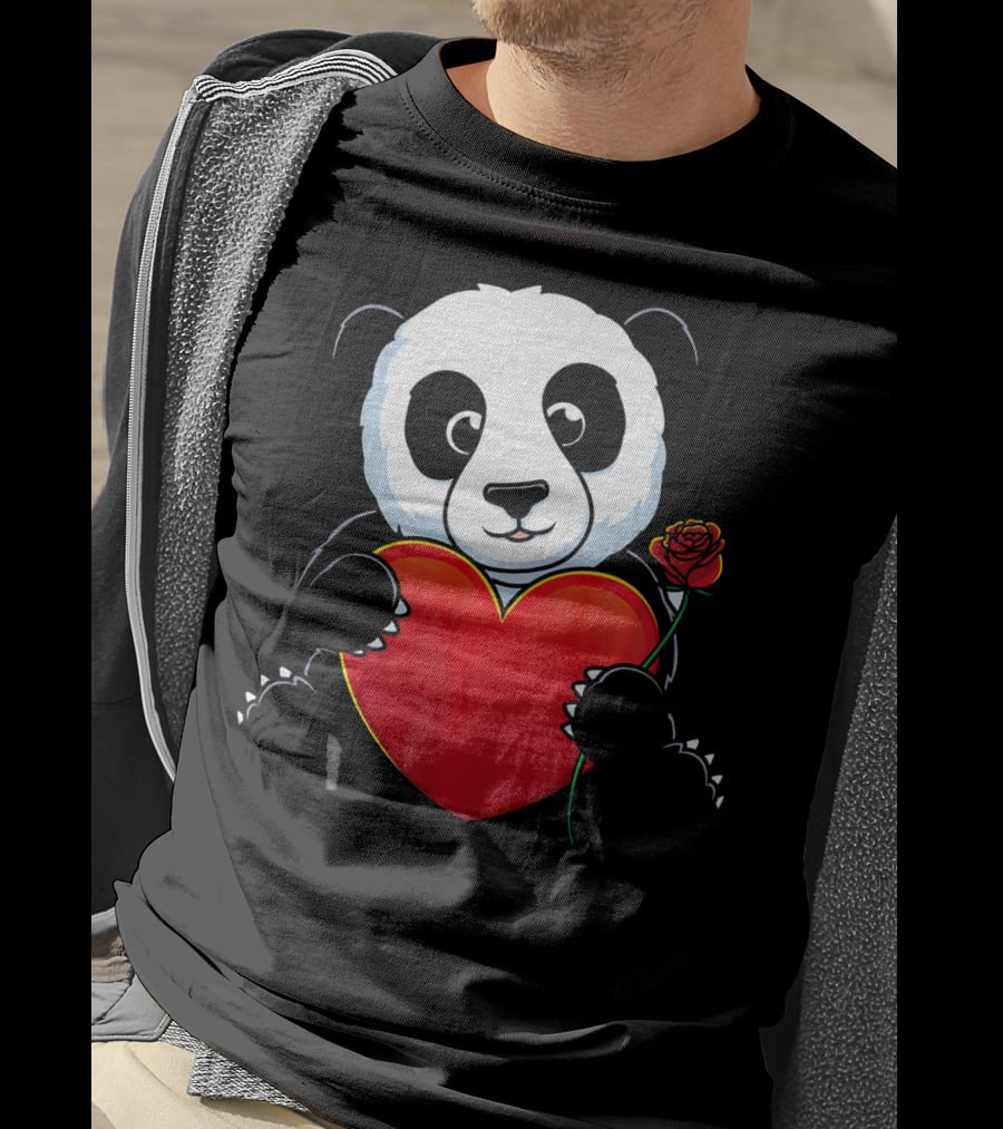 Panda Bear Holding Heart And Rose Valentines Day Love T-Shirt