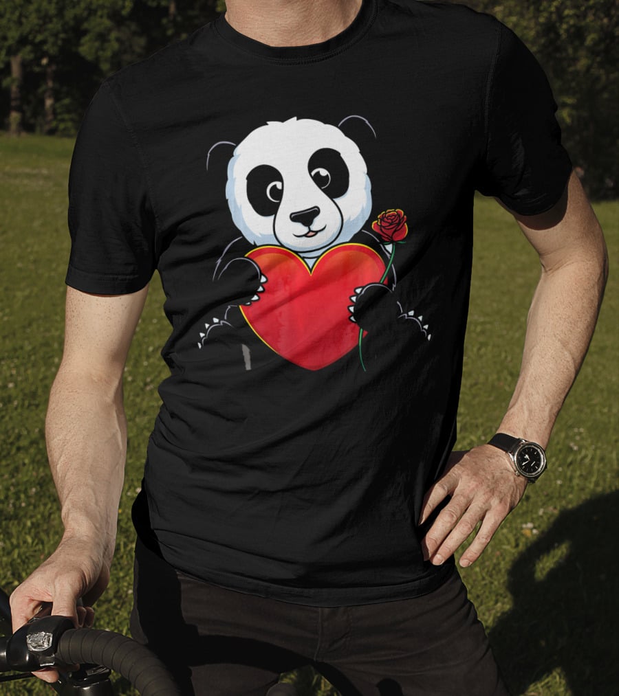 Panda Bear Holding Heart And Rose Valentines Day Love T-Shirt