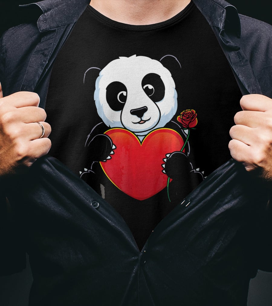 Panda Bear Holding Heart And Rose Valentines Day Love T-Shirt