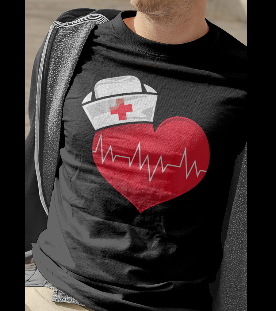 Nurse Heartbeat Valentine Costume With White Nurse Hat And Red Heartbeat Line T-Shirt