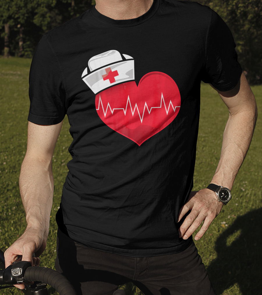 Nurse Heartbeat Valentine Costume With White Nurse Hat And Red Heartbeat Line T-Shirt