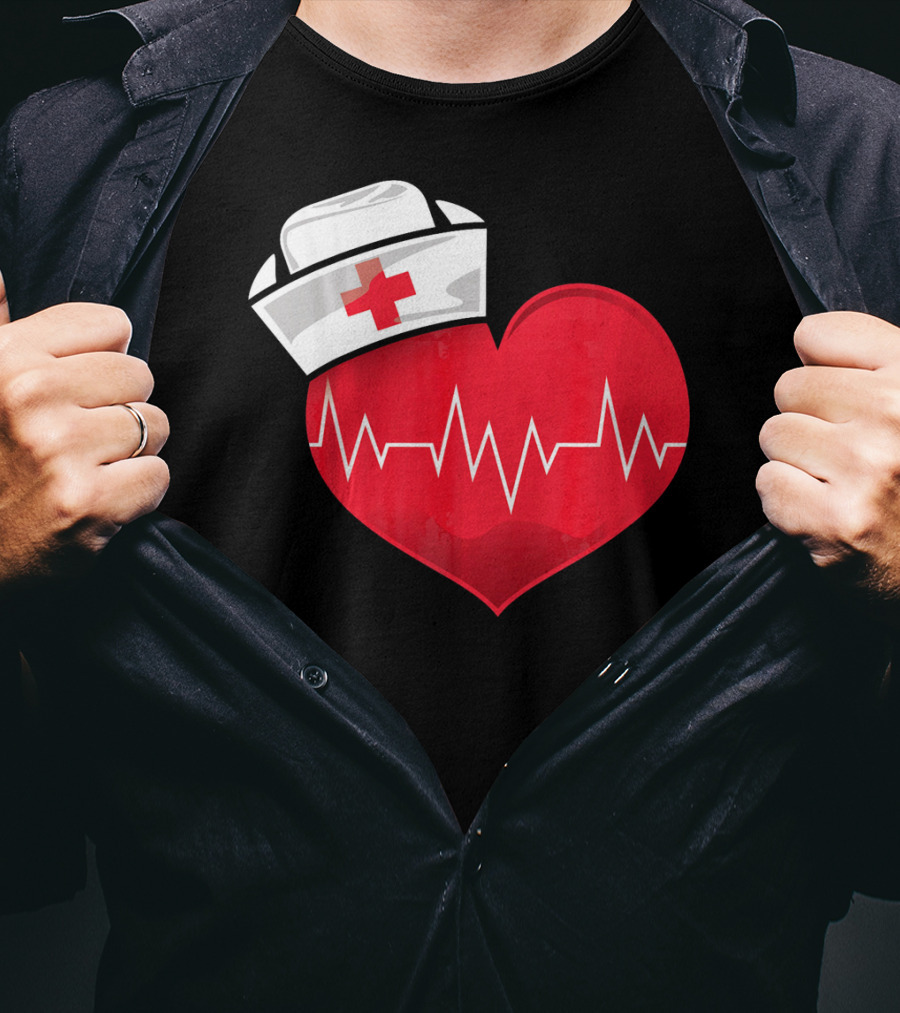 Nurse Heartbeat Valentine Costume With White Nurse Hat And Red Heartbeat Line T-Shirt