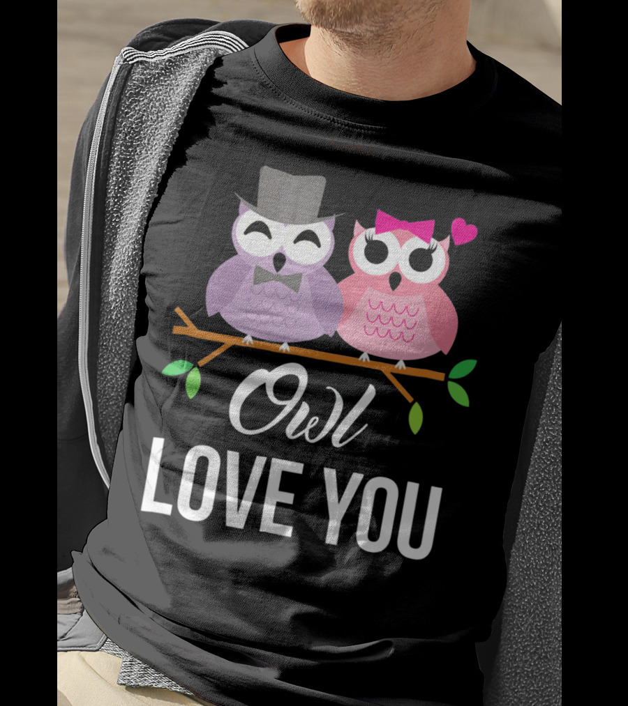 Owl Love You Valentines Pink And Purple Owls With Hats And Heart T-Shirt