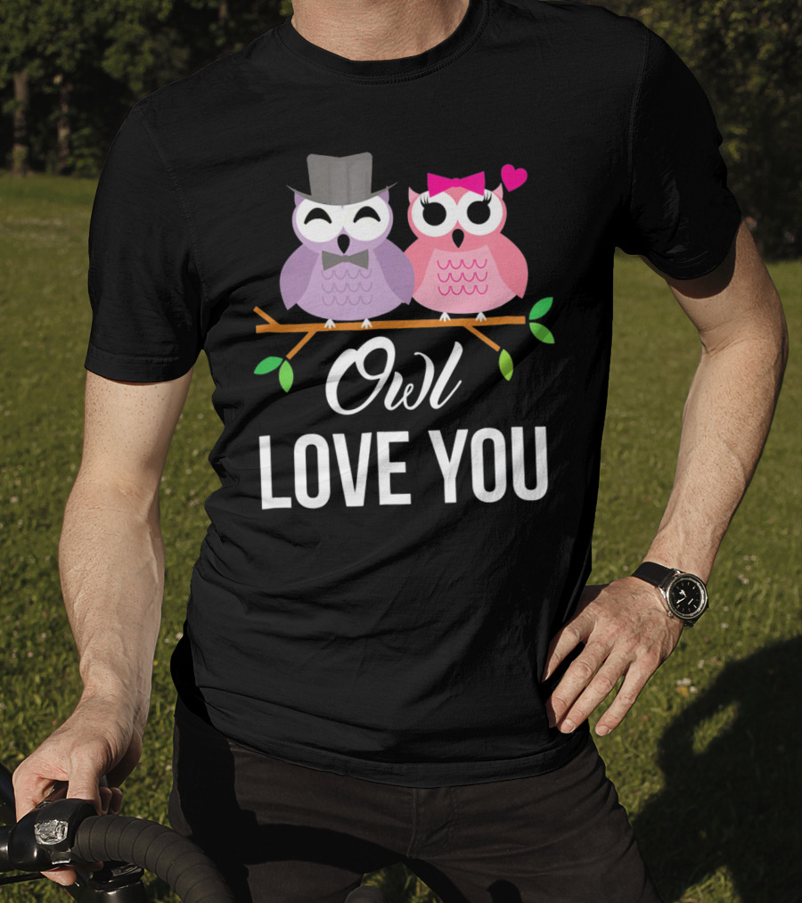 Owl Love You Valentines Pink And Purple Owls With Hats And Heart T-Shirt
