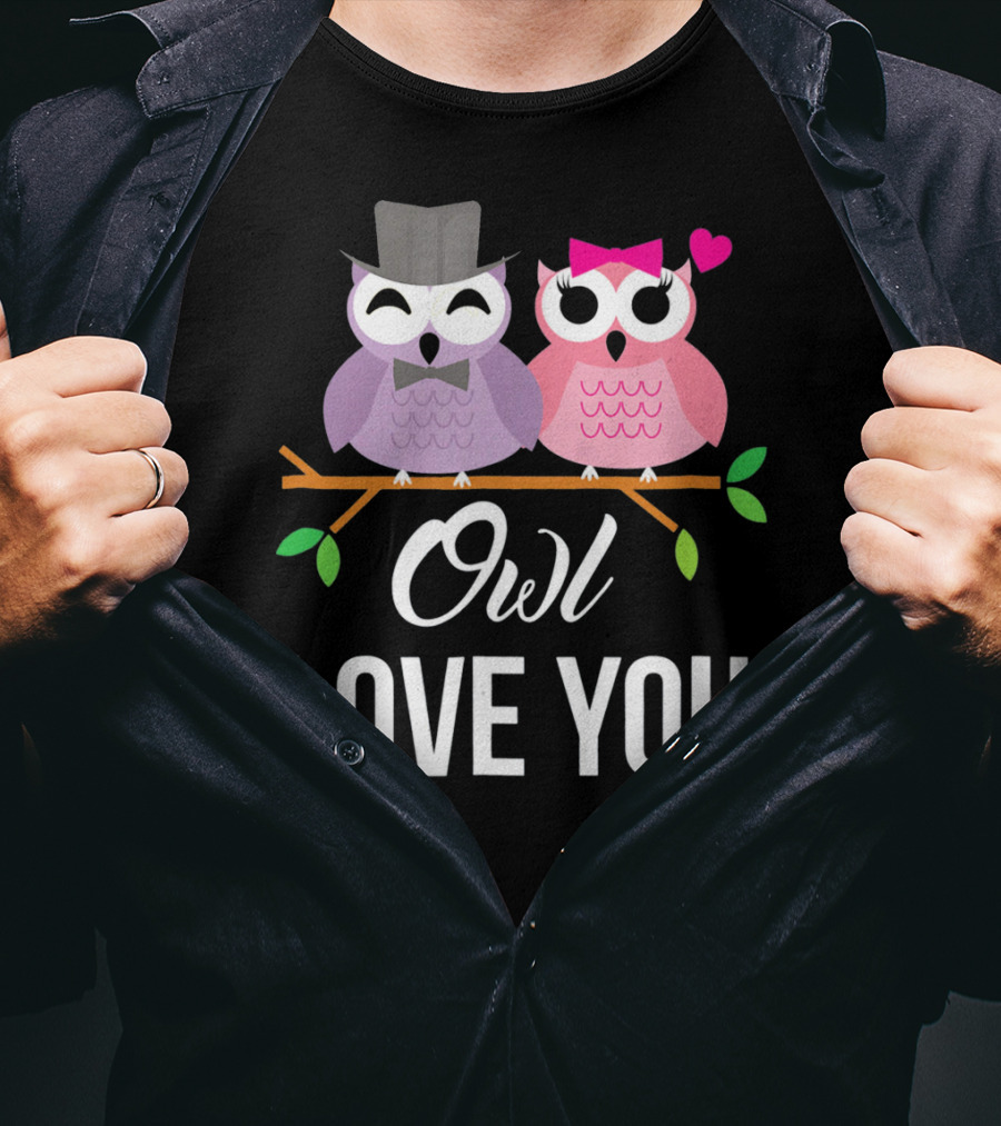 Owl Love You Valentines Pink And Purple Owls With Hats And Heart T-Shirt