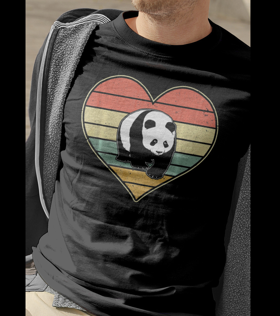 Panda Bear Vintage Heart Retro Stripes T-Shirt