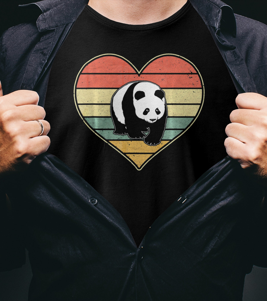 Panda Bear Vintage Heart Retro Stripes T-Shirt