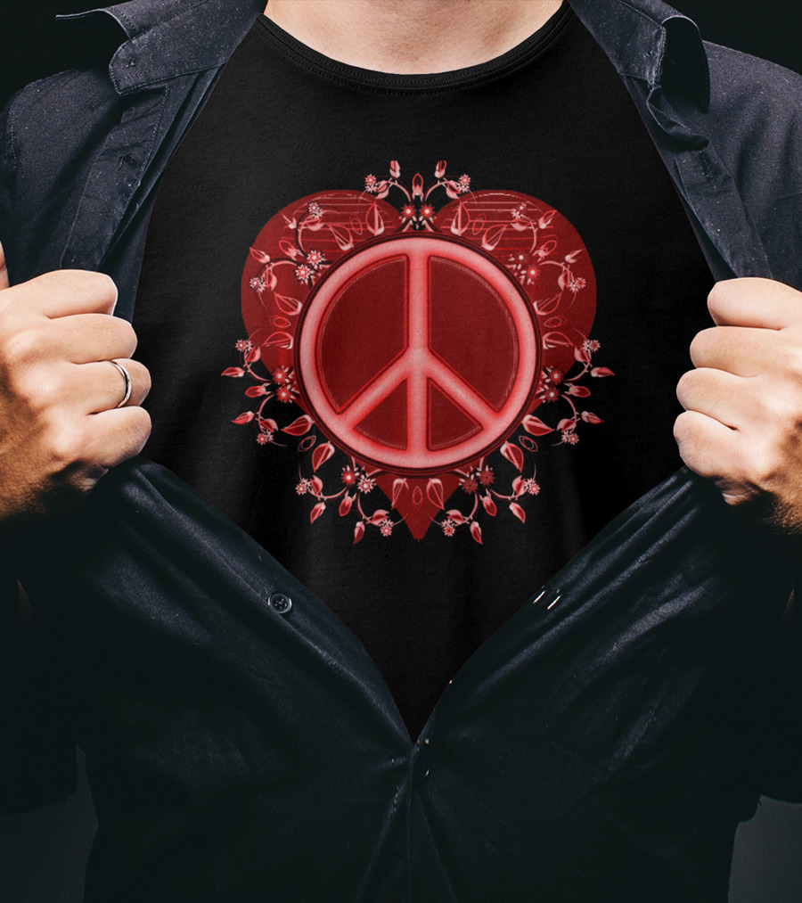 Peace Sign Heart Valentine Floral Embrace T-Shirt