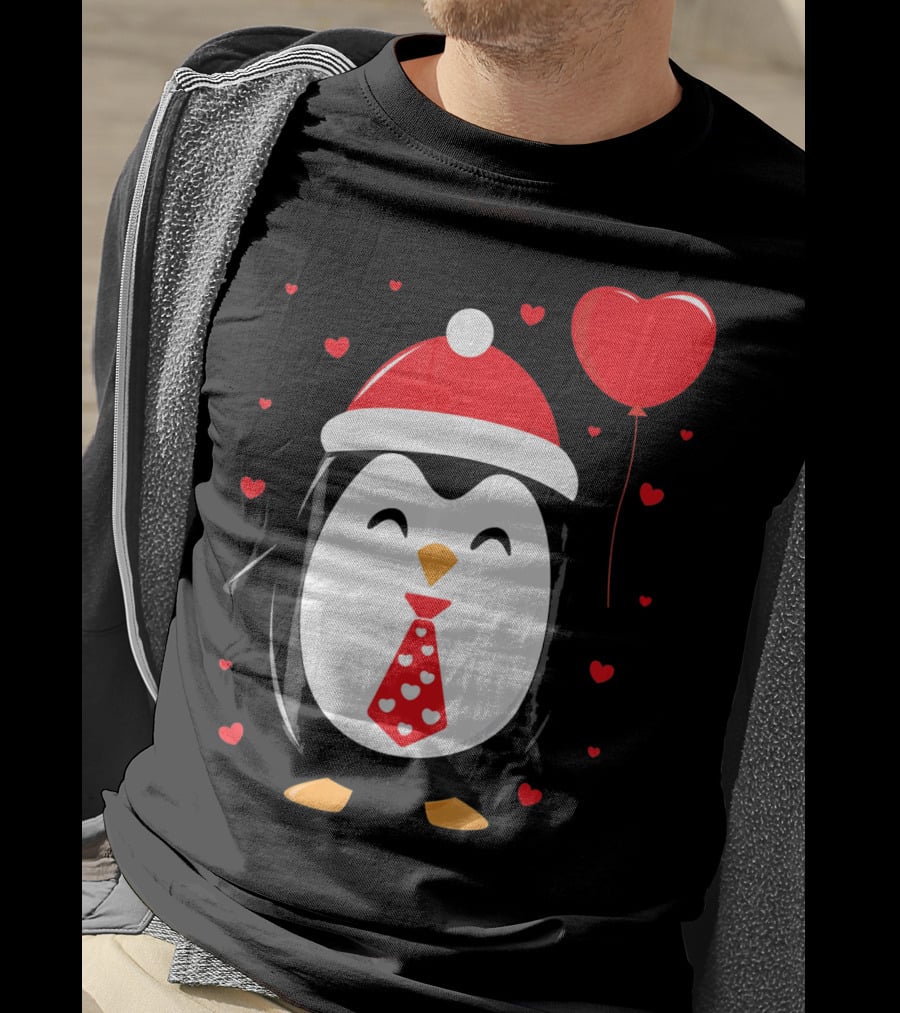 Penguin Valentines Day Heart Balloon Santa Hat And Hearts T-Shirt