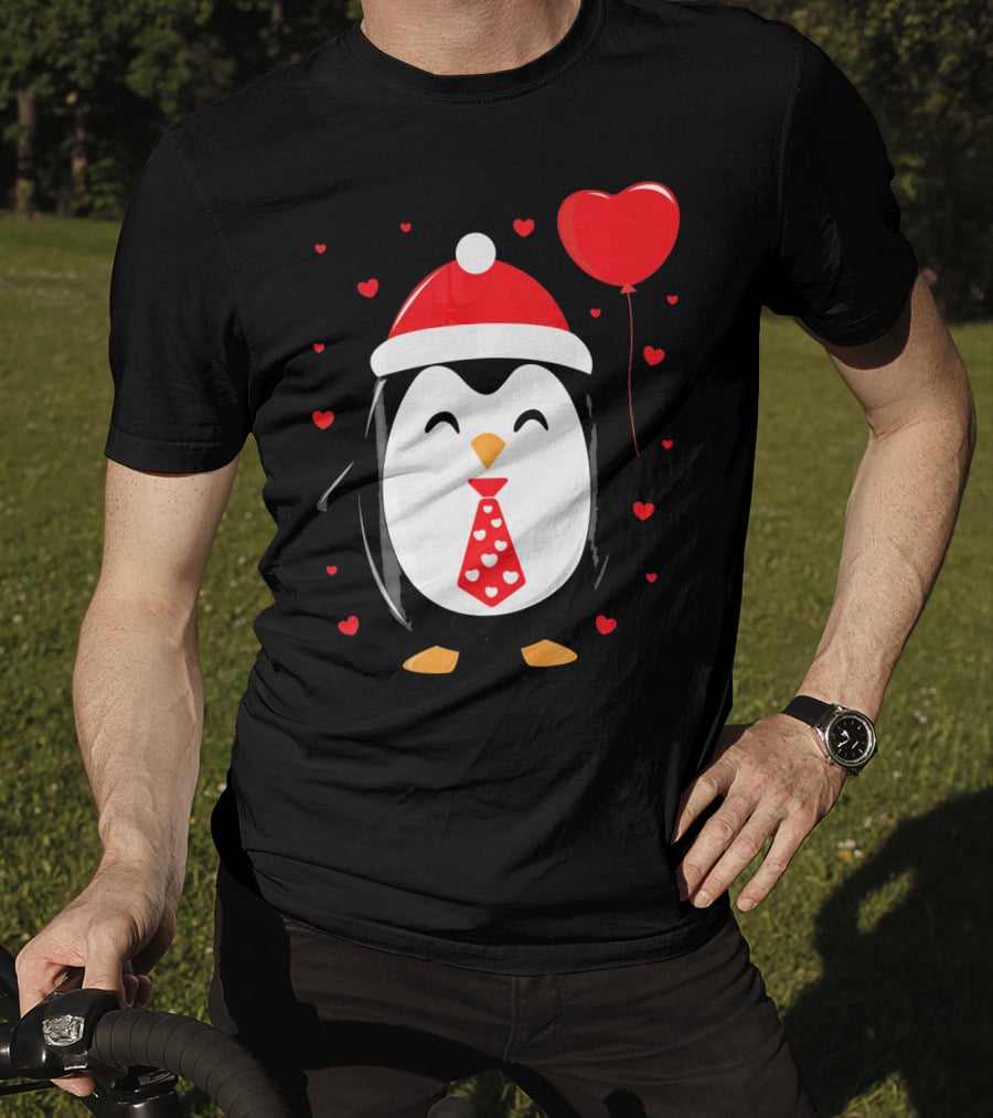Penguin Valentines Day Heart Balloon Santa Hat And Hearts T-Shirt