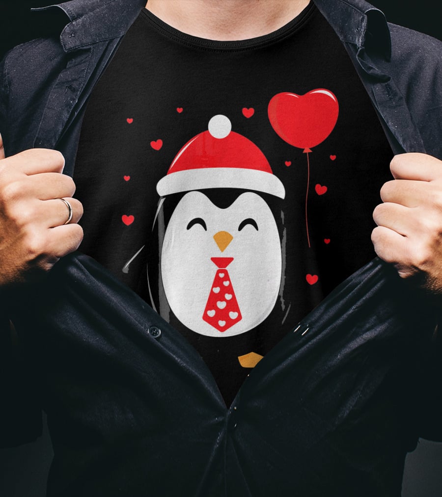 Penguin Valentines Day Heart Balloon Santa Hat And Hearts T-Shirt