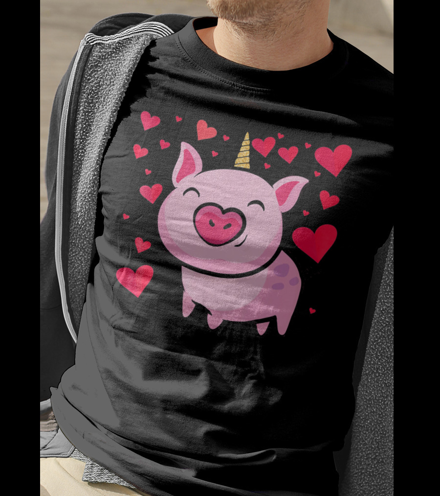 Pigacorn Valentine Unicorn Pig With Hearts For Lovers T-Shirt