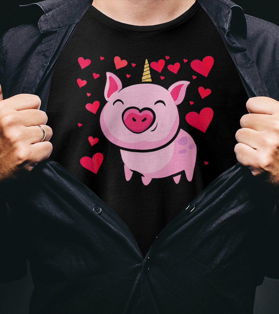 Pigacorn Valentine Unicorn Pig With Hearts For Lovers T-Shirt