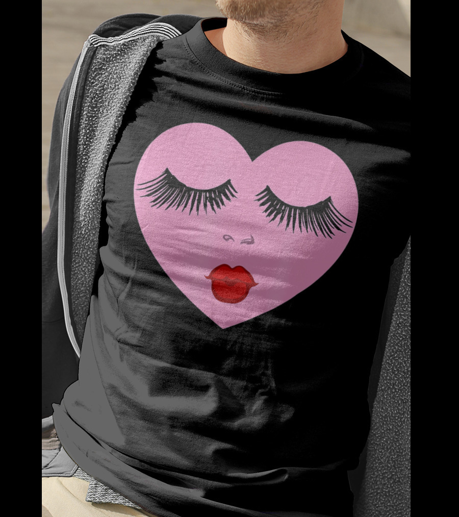 Pink Heart With Eyelashes And Red Lips Valentine T-Shirt