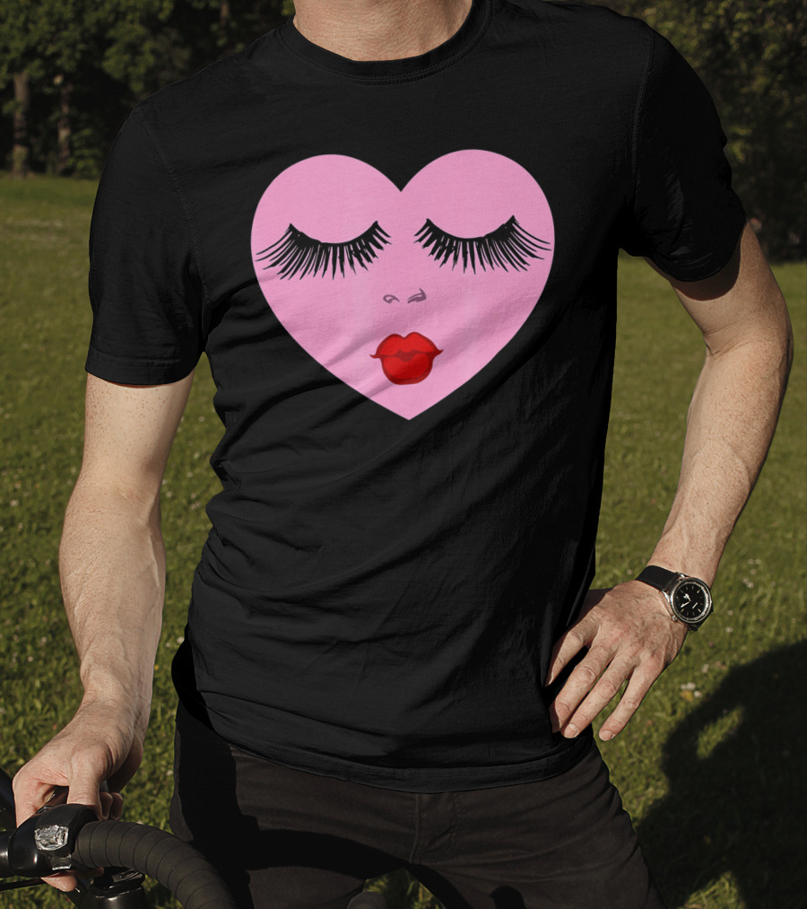 Pink Heart With Eyelashes And Red Lips Valentine T-Shirt