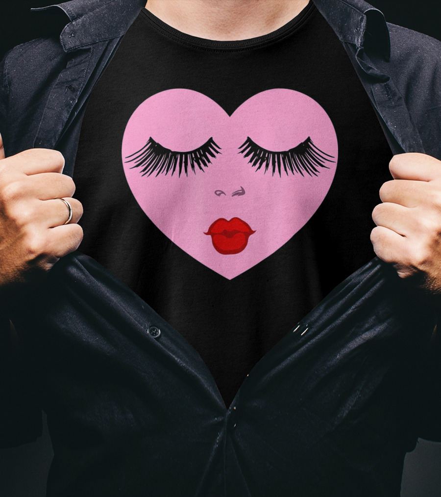 Pink Heart With Eyelashes And Red Lips Valentine T-Shirt