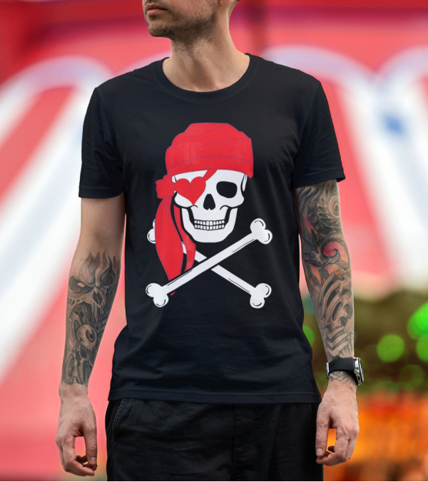 Premium T-Shirt: Pirate Skull and Cross Bones Heart Eyepatch Valentines T-Shirt Pirate Skull and Cross Bones Heart Eyepatch Valentines T-Shirt