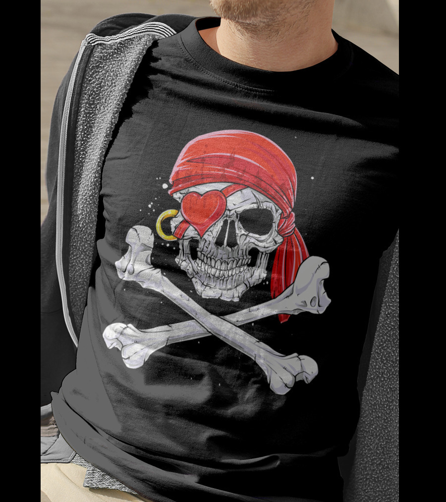 Valentine Pirate Skull With Heart Eye Patch And Crossbones T-Shirt