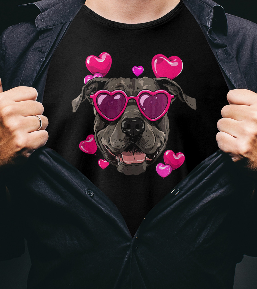 Pit Bull Heart Sunglasses Valentines Day Dog With Hearts T-Shirt