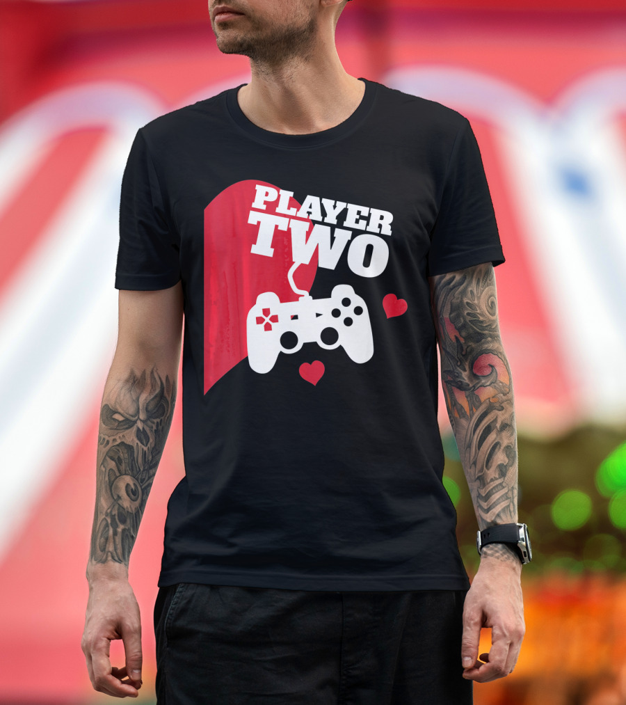 Player Two Valentine with Game Controller and Hearts T-Shirt