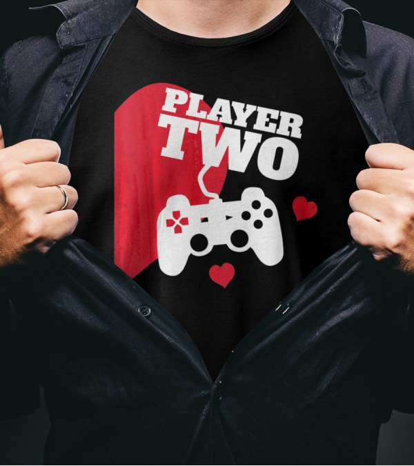 Player Two Valentine With Game Controller And Hearts T-Shirt