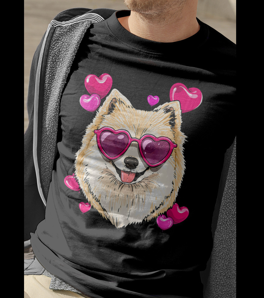 Pomeranian Valentines Day Heart Sunglasses Love Dog T-Shirt