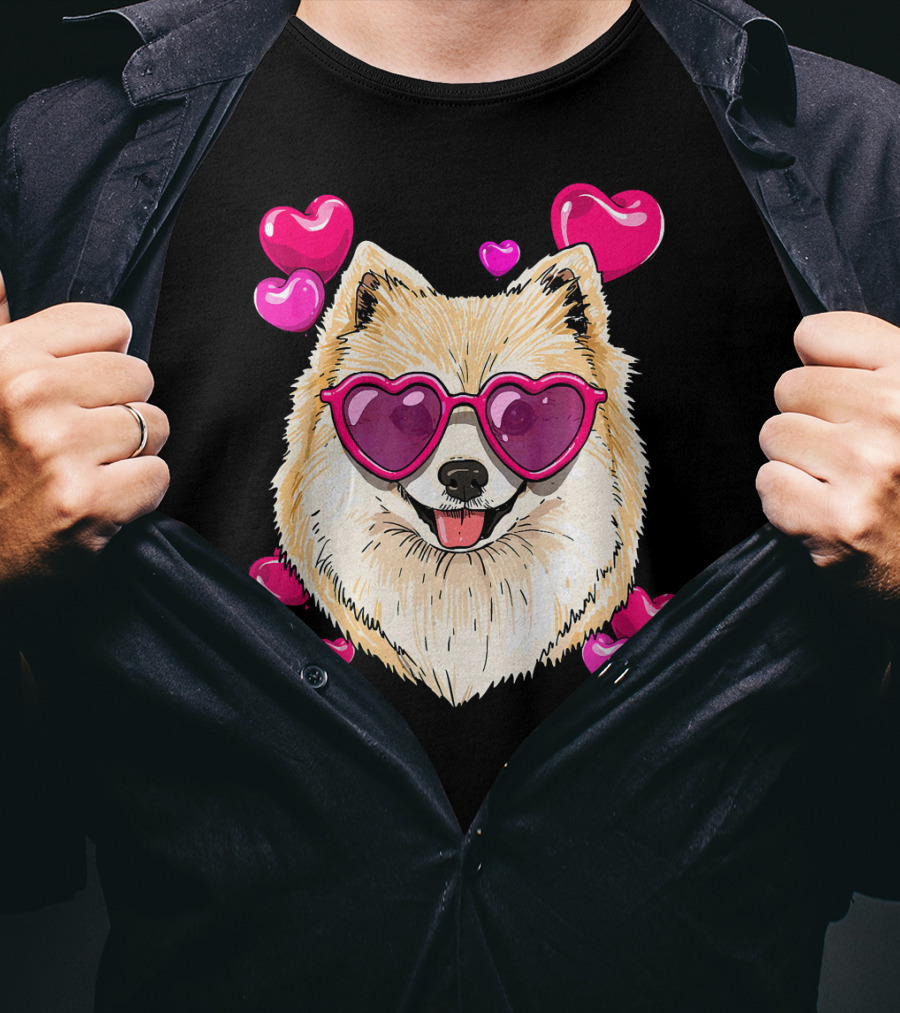 Pomeranian Valentines Day Heart Sunglasses Love Dog T-Shirt