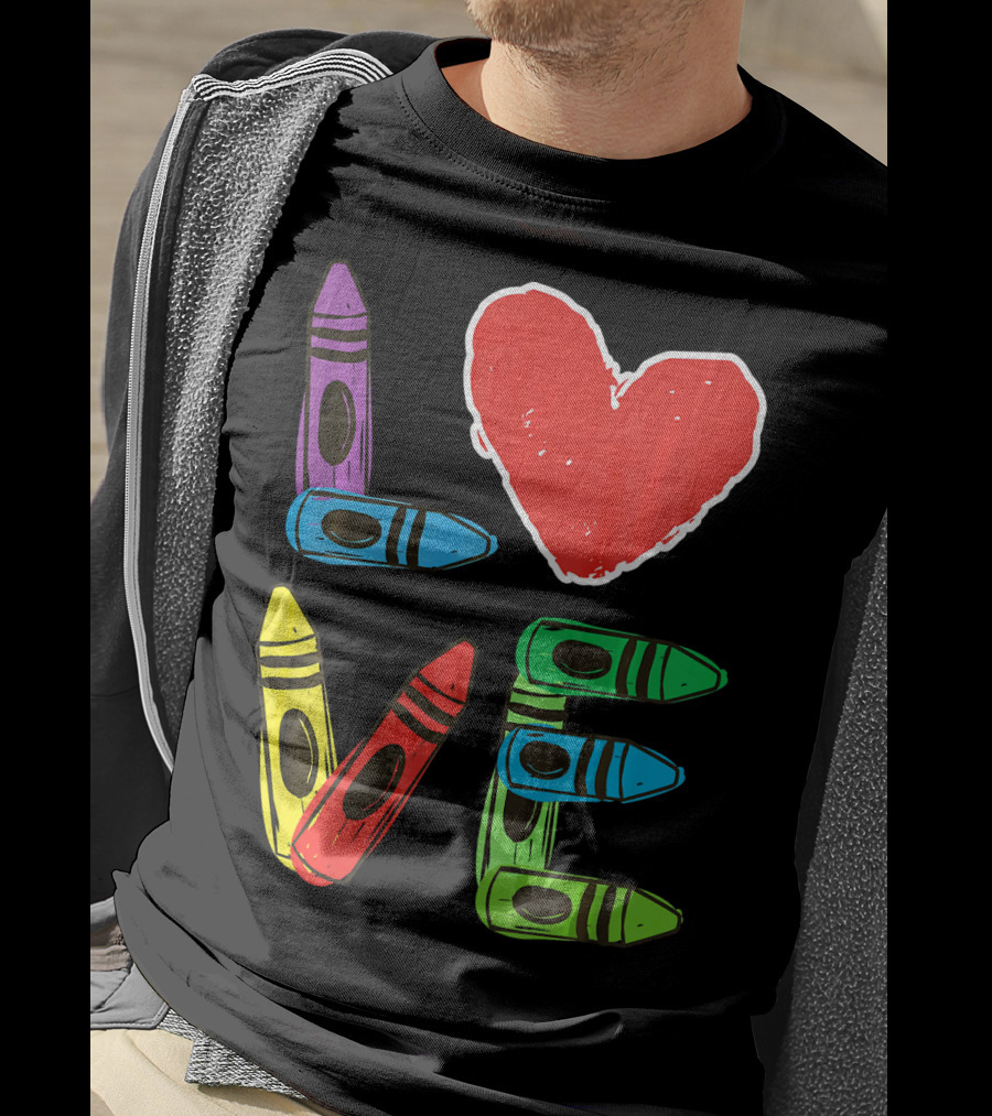 Love Crayon Heart Preschool Teacher Valentines Day T-Shirt