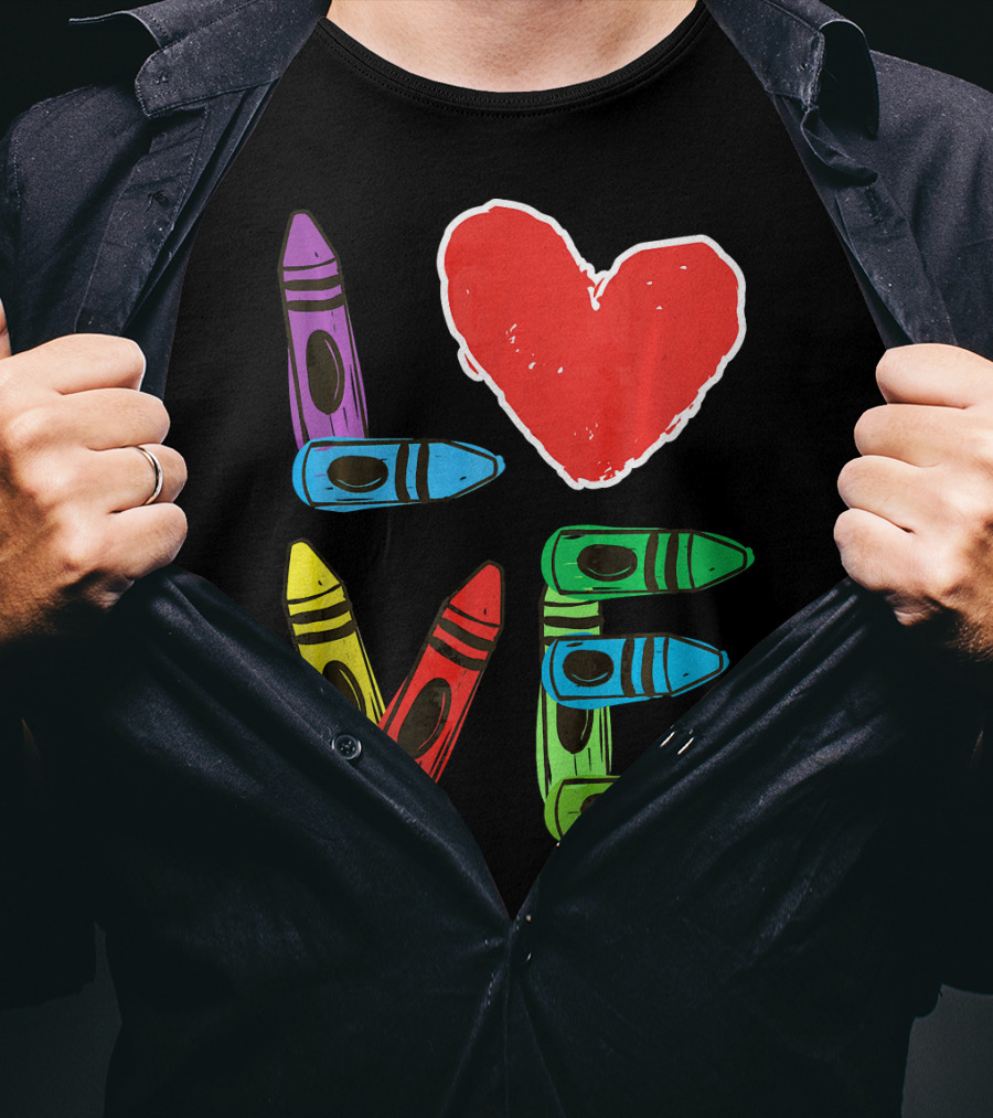 Love Crayon Heart Preschool Teacher Valentines Day T-Shirt