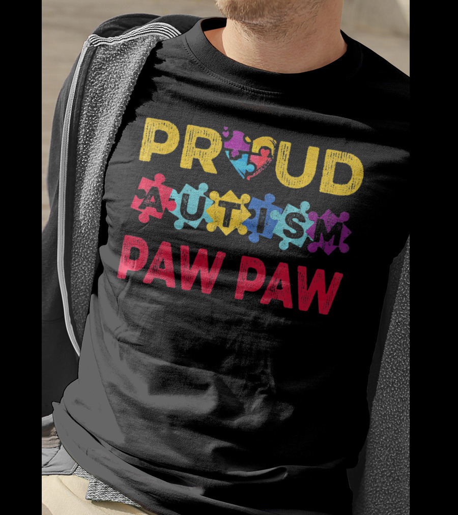 Proud Autism Paw Paw Valentine's Heart Puzzle T-Shirt