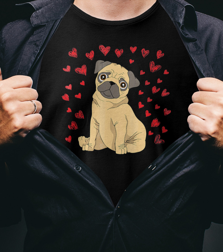 Pug Dog Lover Puppy Surrounded By Red Hearts T-Shirt