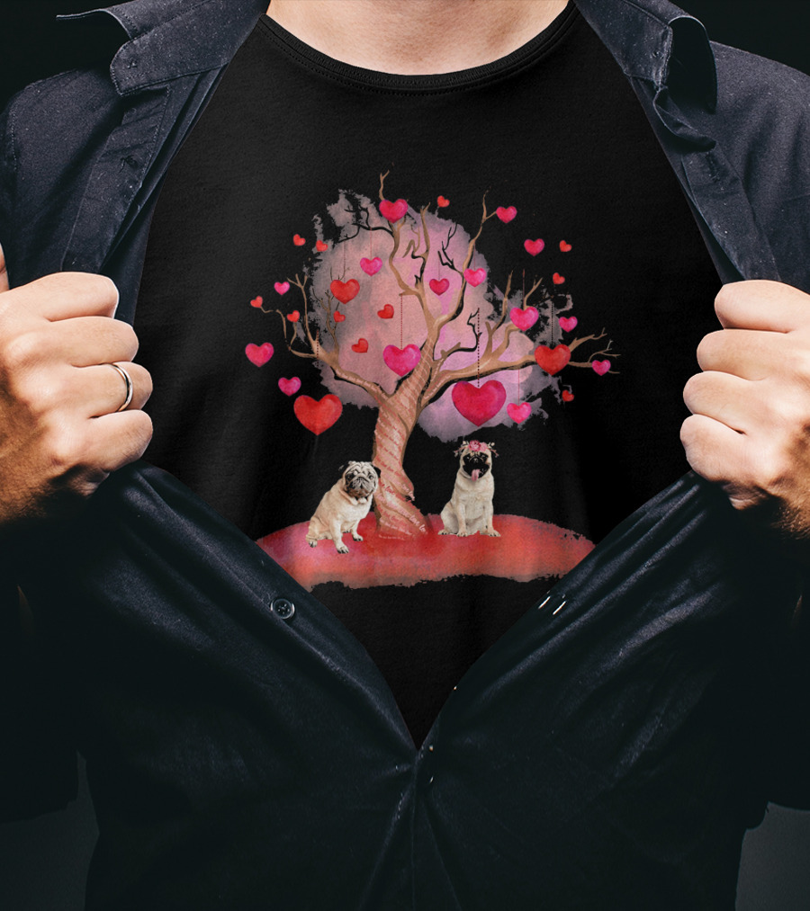 Pug Dog Heart Tree Valentine's Day Romance Bash T-Shirt
