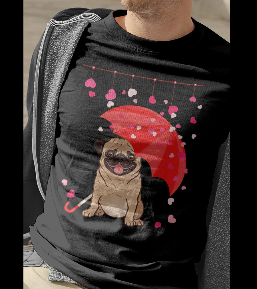 Pug With Umbrella And Falling Hearts Valentine's Day T-Shirt