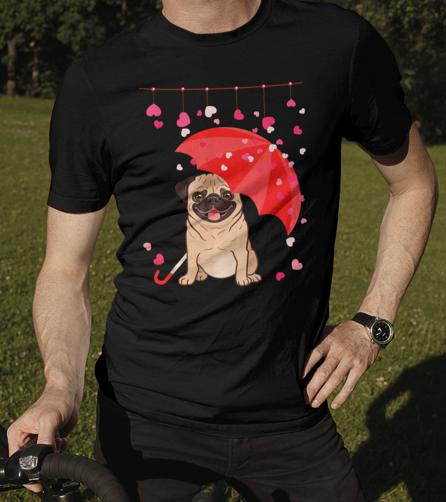 Pug With Umbrella And Falling Hearts Valentine's Day T-Shirt