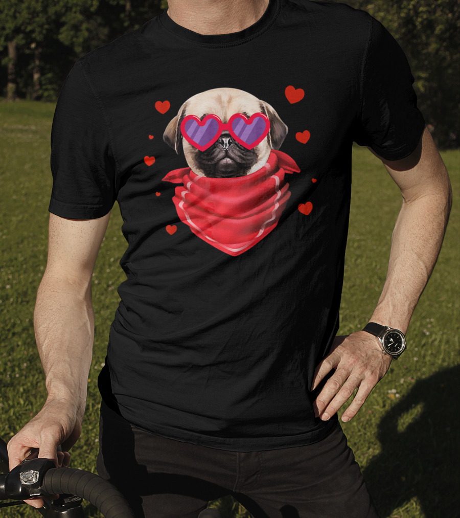 Pug Valentines Day Heart-Shaped Glasses And Bandana With Hearts T-Shirt