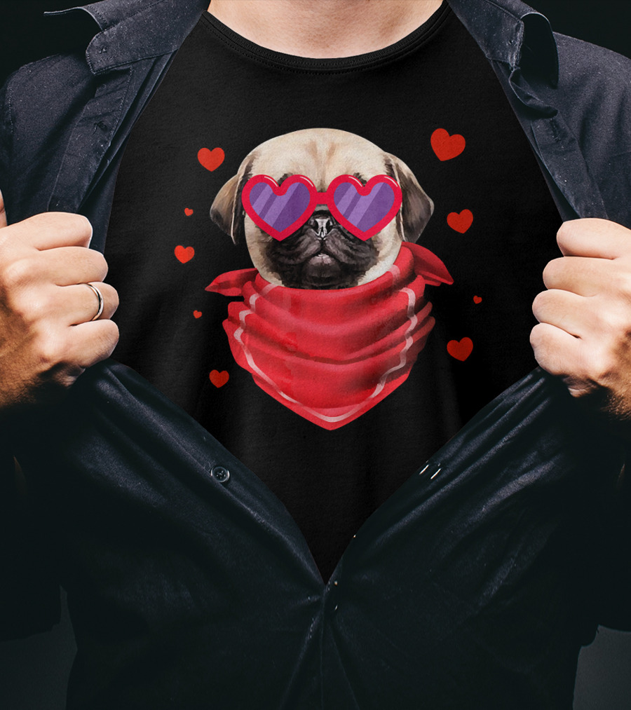 Pug Valentines Day Heart-Shaped Glasses And Bandana With Hearts T-Shirt