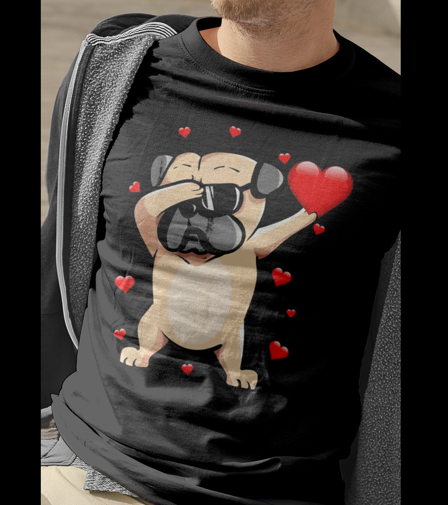 Pug Valentines Day Dabbing Love Dog With Hearts T-Shirt
