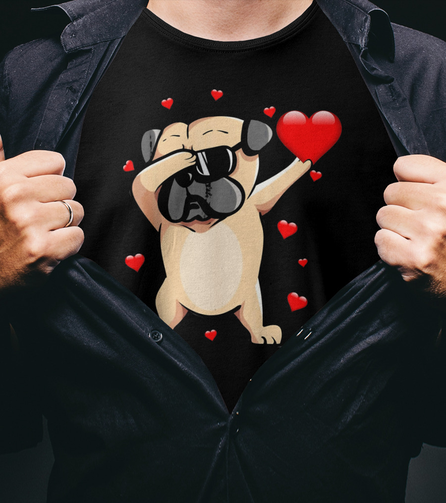 Pug Valentines Day Dabbing Love Dog With Hearts T-Shirt