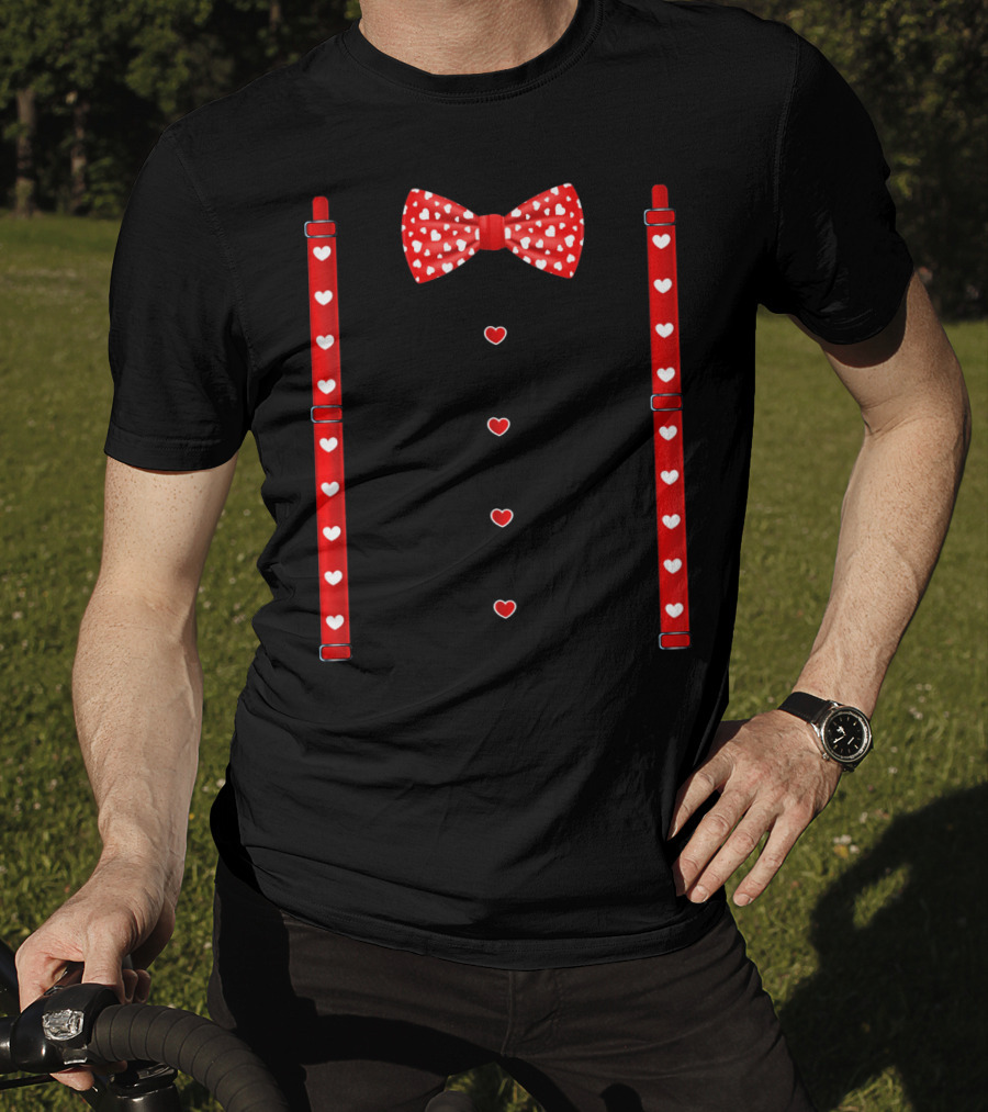 Red Hearts Bow Tie And Suspenders Valentine T-Shirt