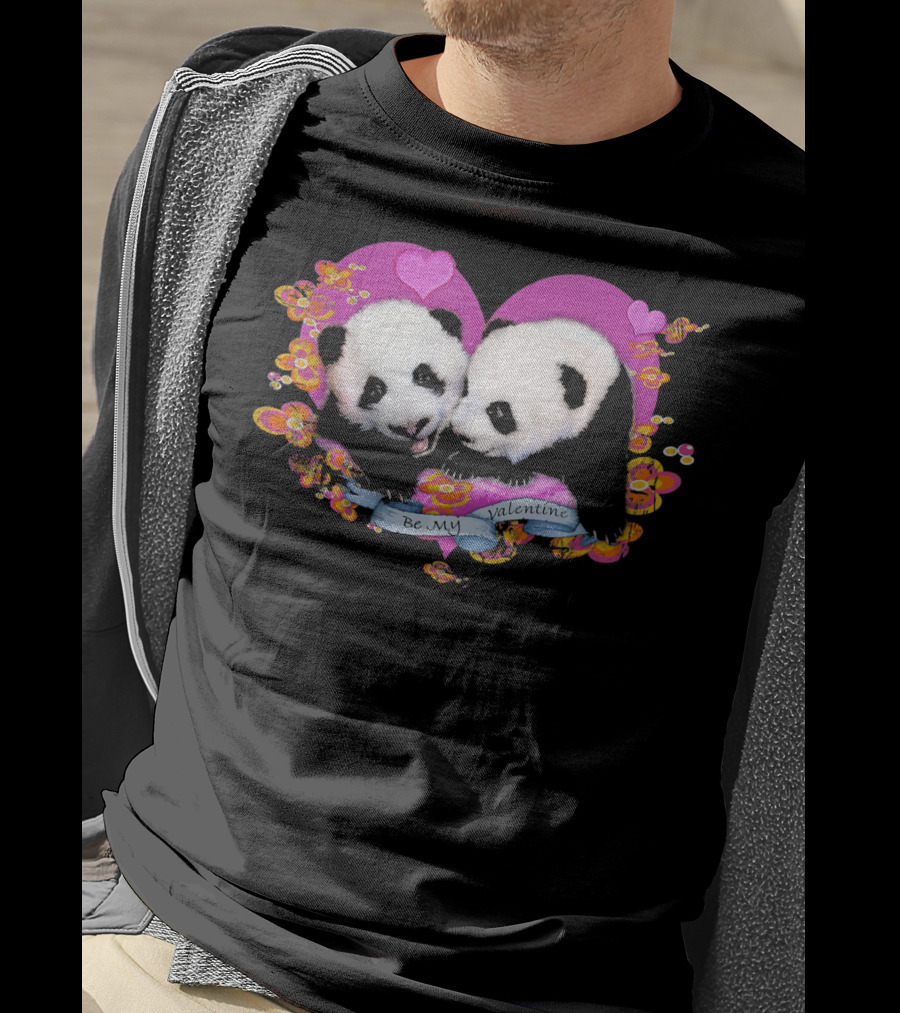 Be My Valentine Robert Campbell Panda Heart Pink Flowers T-Shirt