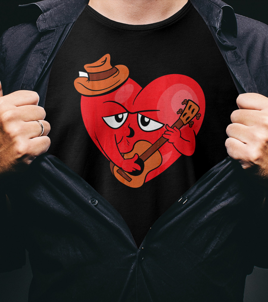 Heart Playing Guitar With Cowboy Hat Valentine's Day T-Shirt