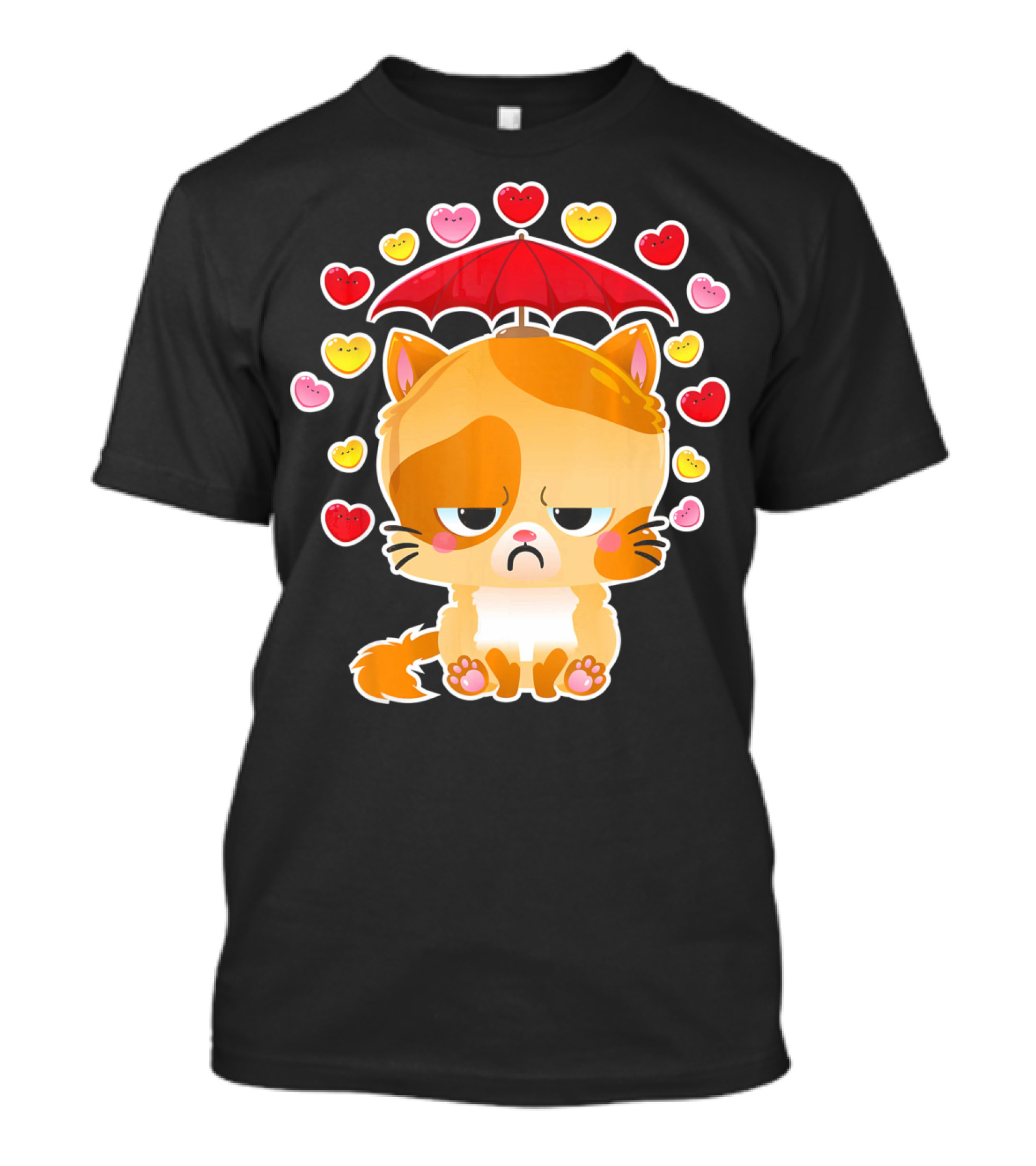 Sad Cat Under Umbrella With Raining Hearts Valentine's Day T-Shirt