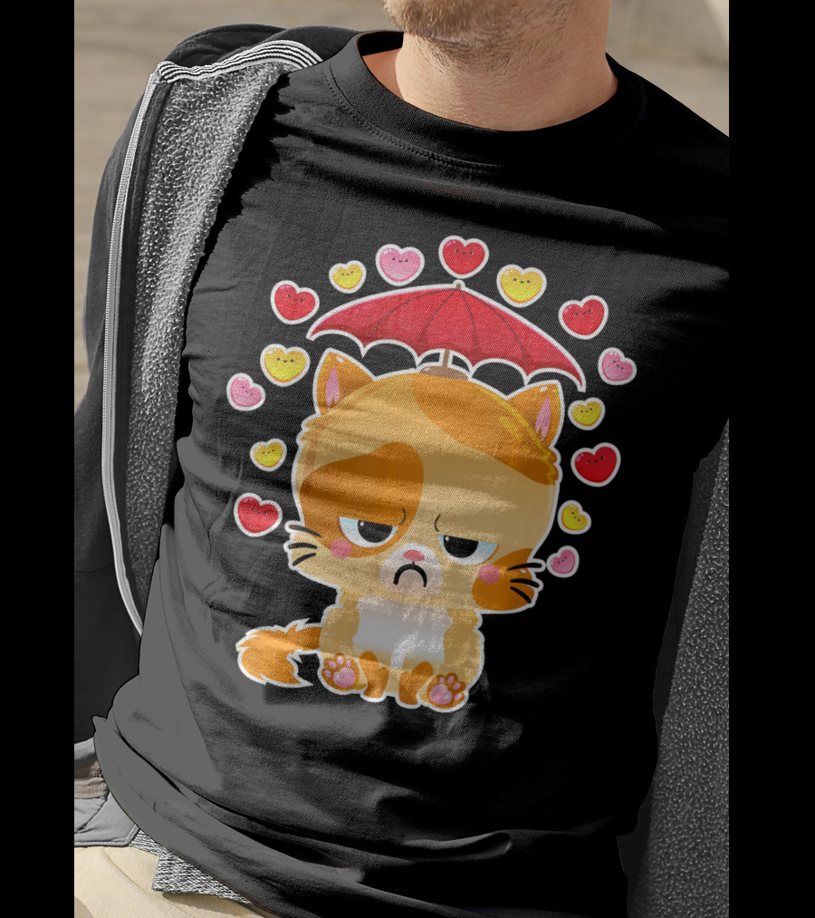 Sad Cat Under Umbrella With Raining Hearts Valentine's Day T-Shirt