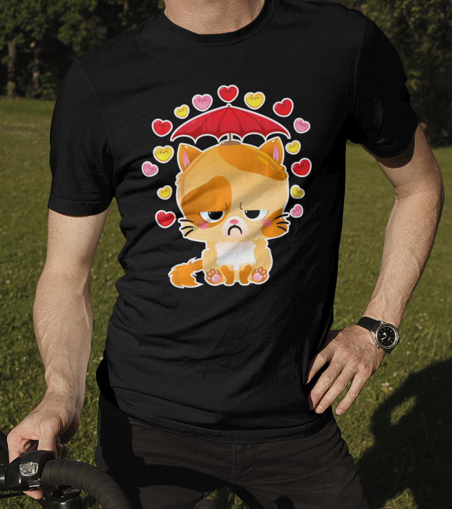 Sad Cat Under Umbrella With Raining Hearts Valentine's Day T-Shirt