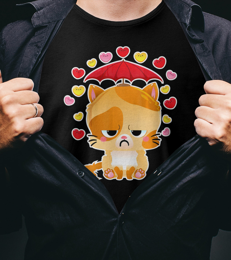 Sad Cat Under Umbrella With Raining Hearts Valentine's Day T-Shirt