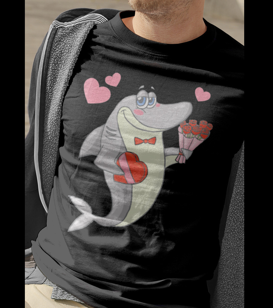 Shark Holding Heart Box And Bouquet With Hearts Valentine T-Shirt