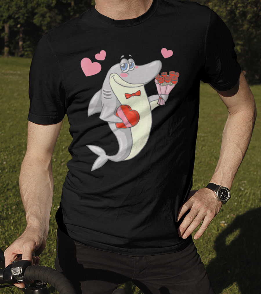 Shark Holding Heart Box And Bouquet With Hearts Valentine T-Shirt