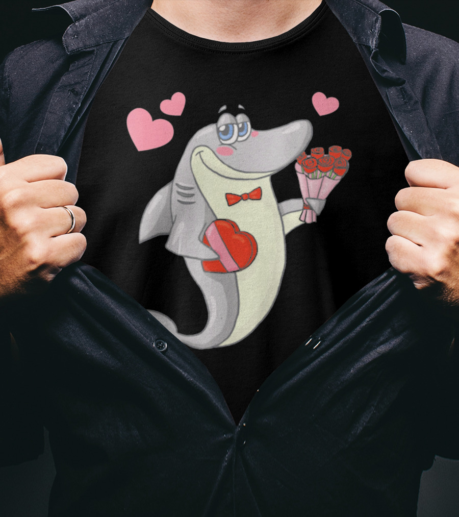 Shark Holding Heart Box And Bouquet With Hearts Valentine T-Shirt